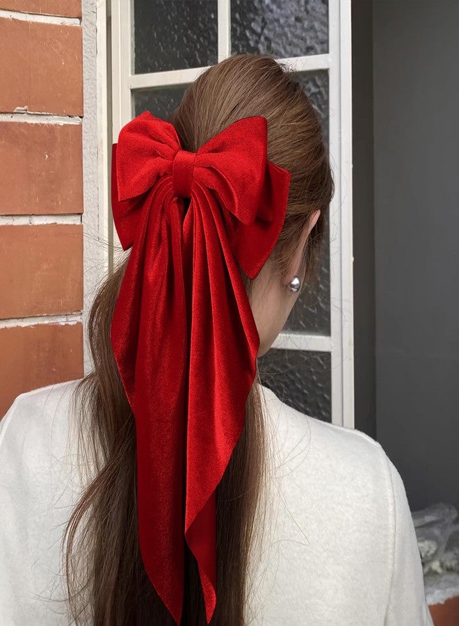 LSVOZ Bright Red Velvet Large Hair Bow Long Tail Bowknot Hair Barrette Clip 8.26 Inch Women Girls Fall Winter Ponytail Holder Hair Accessories - Image 4